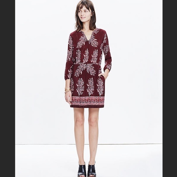 MADEWELL Burgundy Silk Lassi Flower Pop On Dress Elastic Waist 3/4 Sleeve Size 0 - Picture 1 of 8